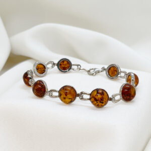 Bransoletka srebrna 925 z okrągłymi kawałkami koniakowego bursztynu
